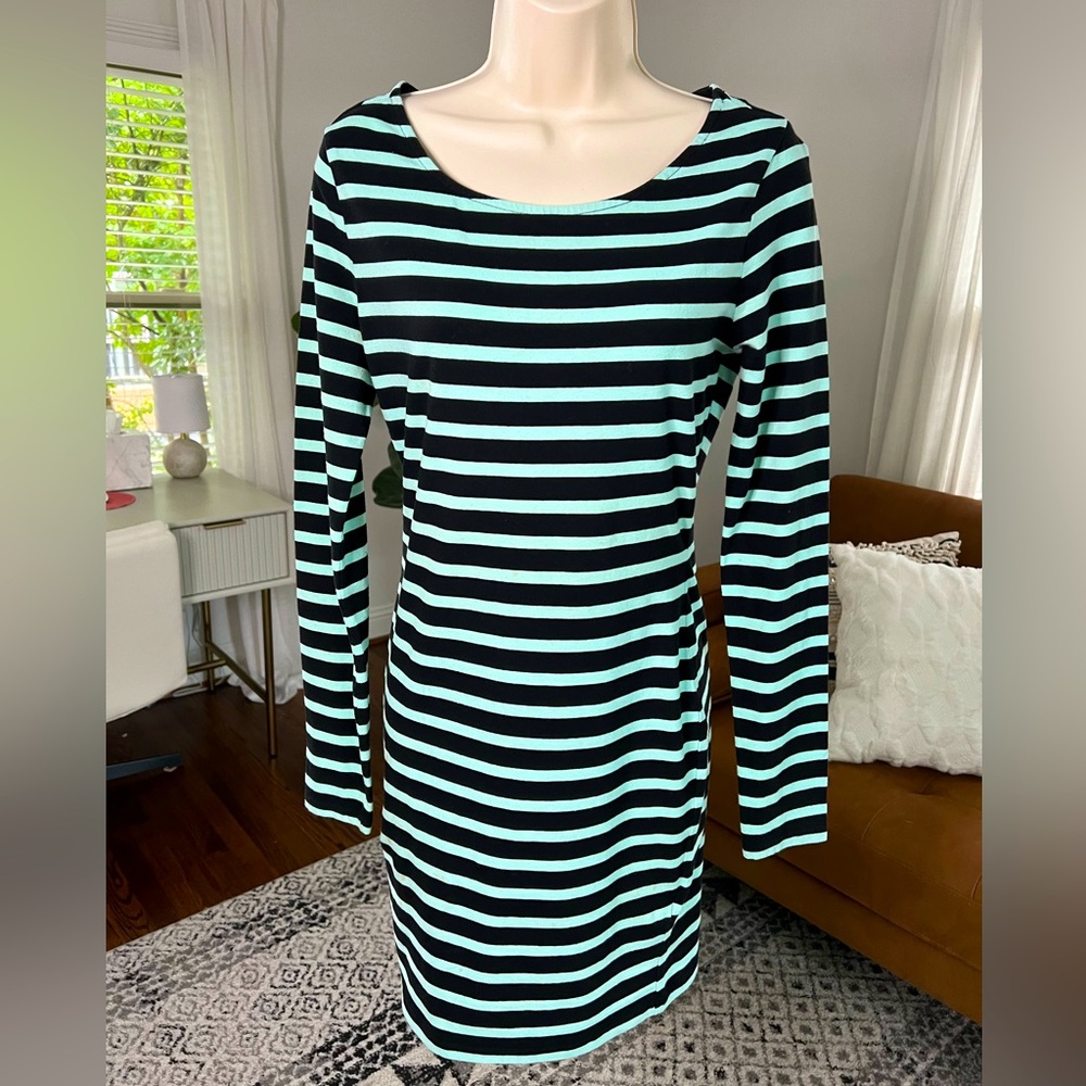 Size medium Turquoise & black striped body con dress with long sleeves